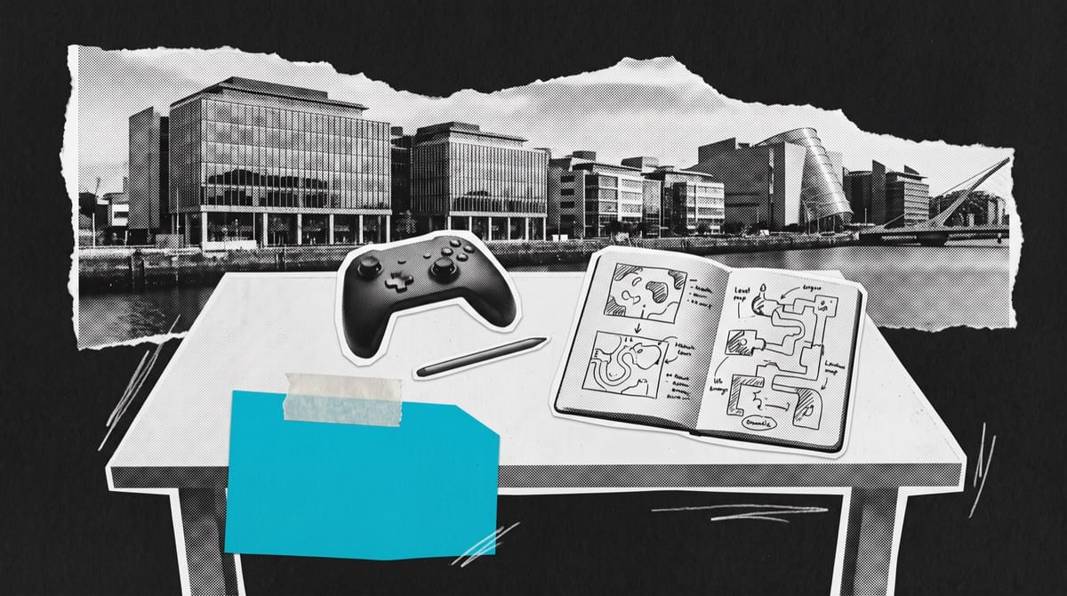 Collage of an empty designer's desk with a game controller, stylus and sketchbook of level maps, set against torn photos of glass office buildings along a river.