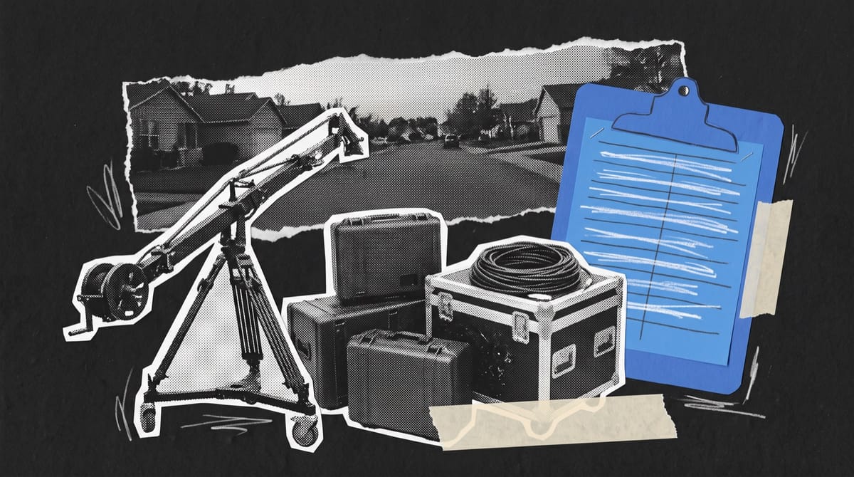 A black-and-white cutout of a night film set being packed away on a modern city street: stacked hard equipment cases, a folded camera crane and a coiled cable on a flight case, beside a hand-