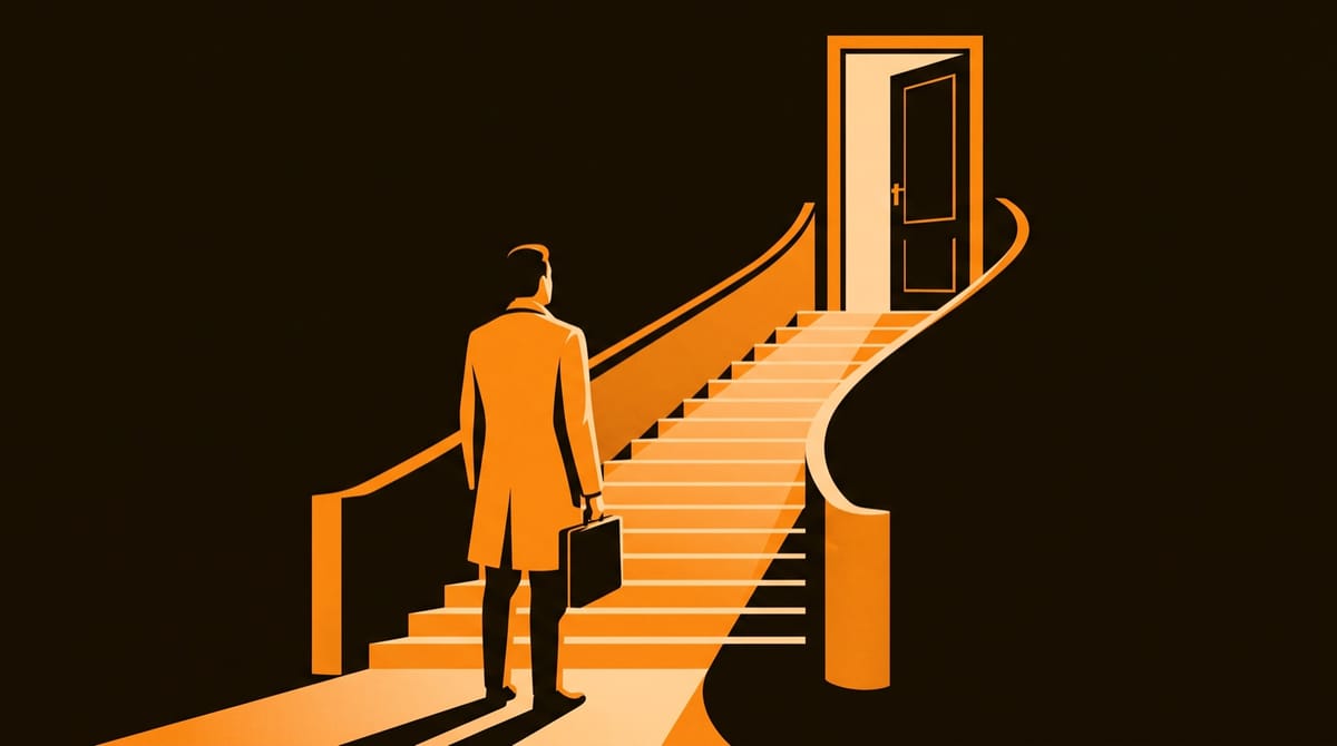 A visitor in a tailored coat, seen from behind, stands at the foot of a sweeping staircase in the lobby of a large film company, a slim briefcase in one hand.