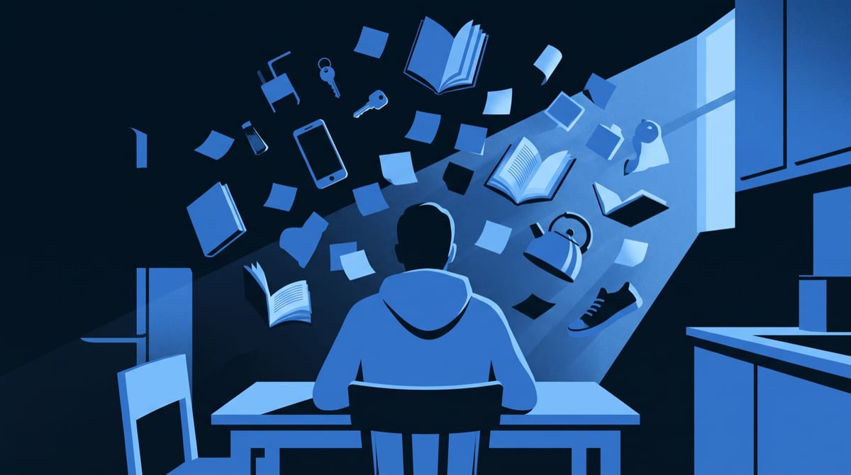 A figure in a plain hoodie sits at a kitchen table, seen from behind, while dozens of everyday objects hang in the air around their head: keys, a phone, open books, sticky notes, a kettle, a 