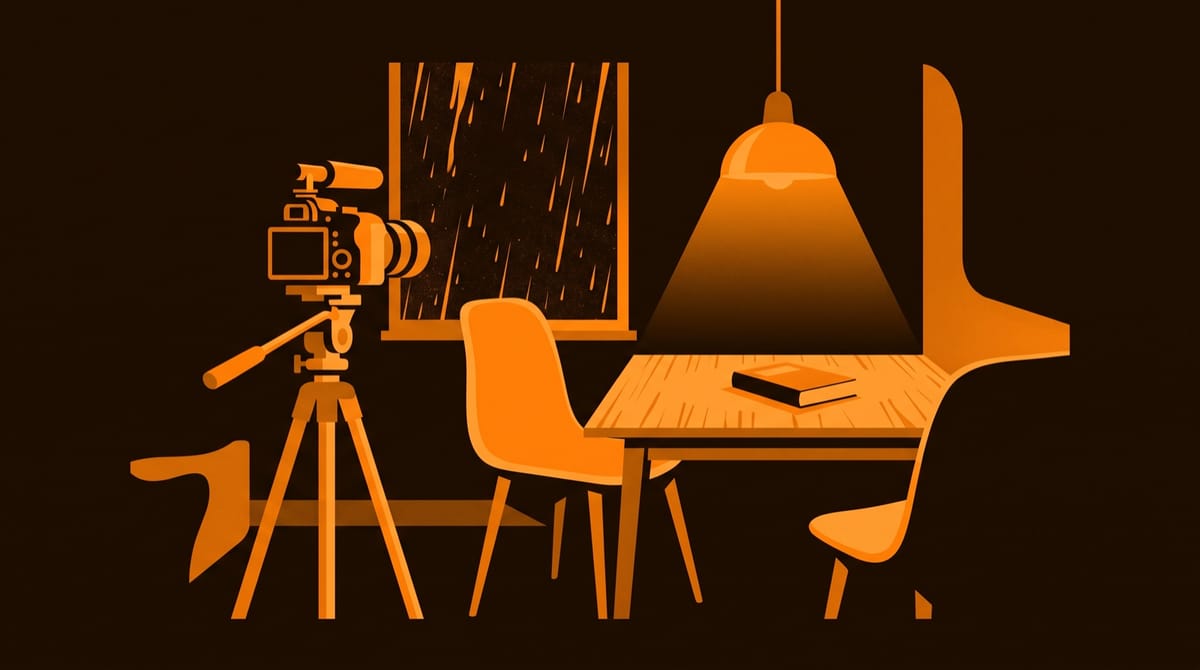 A compact documentary camera on a tripod in a small rented flat, pointed at two empty chairs that face each other across a kitchen table.