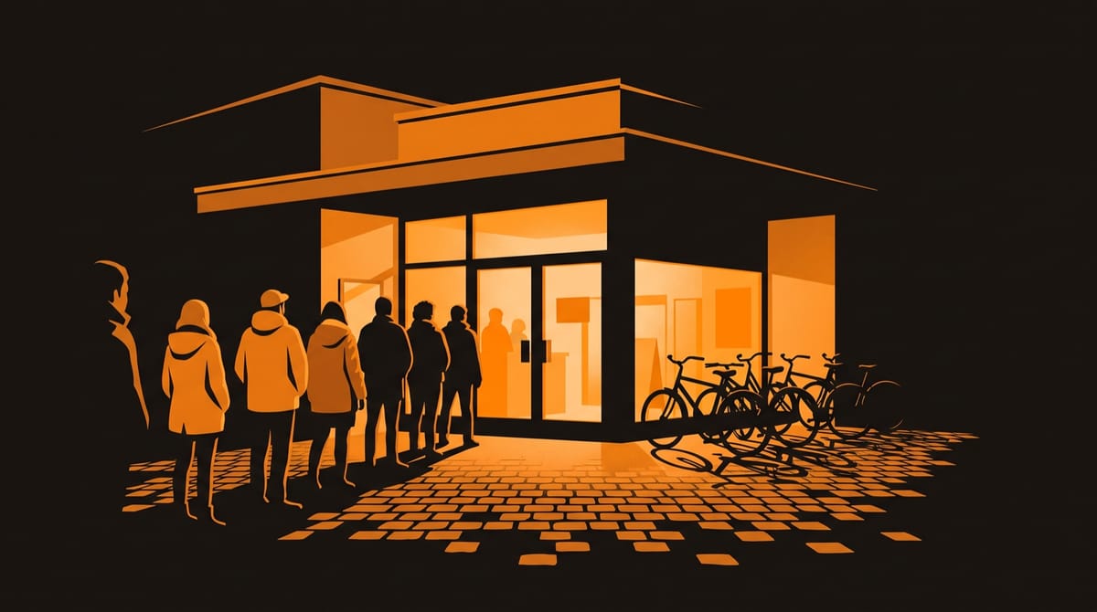 A small-town cinema at dusk seen from across a cobbled square, its glass doors lit from within.