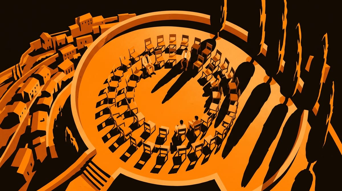 Dozens of chairs arranged in a wide circle on a sunlit stone terrace above a hillside village, seen from above.