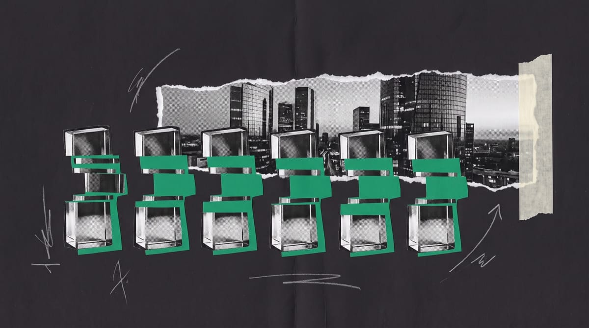 A black-and-white cutout of seven small glass award blocks standing in a row on the edge of a stage, each one sliced horizontally and shifted sideways like a digital glitch, the offset slices