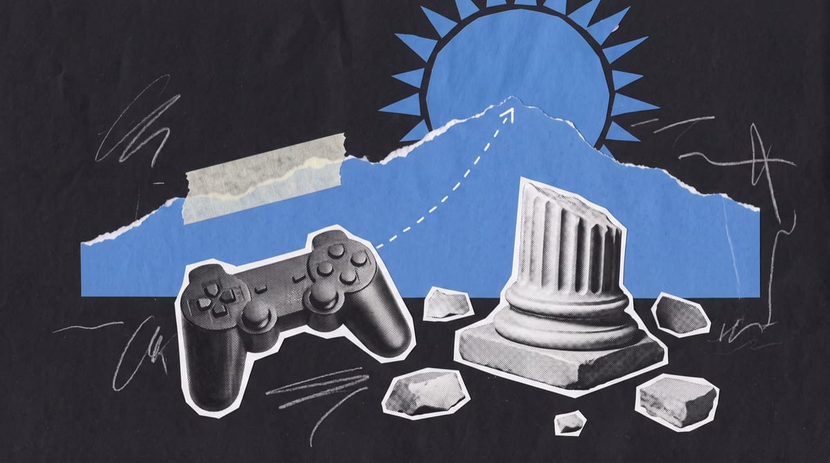 Paper collage of a game controller at the foot of a broken marble column, with a dotted line leading up to a blue mountain ridge under a blue sun.