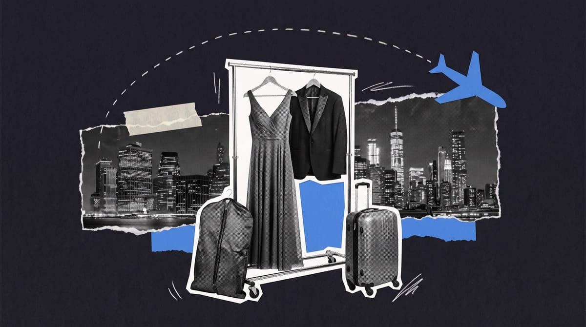 Paper collage of an evening gown and dinner jacket on a clothes rail beside a suitcase, with a torn Manhattan skyline and a blue paper plane arcing in.