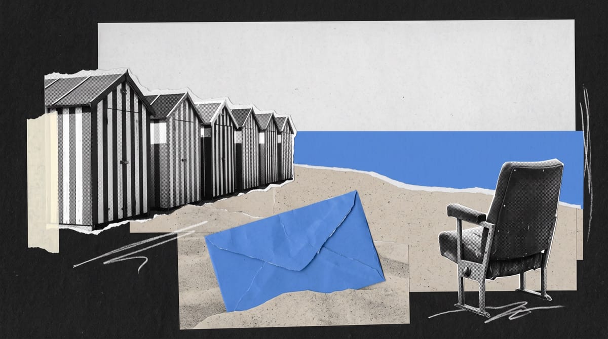 A black-and-white cutout of a row of striped wooden beach cabins on a wide sandy beach, the sea flat and calm behind.