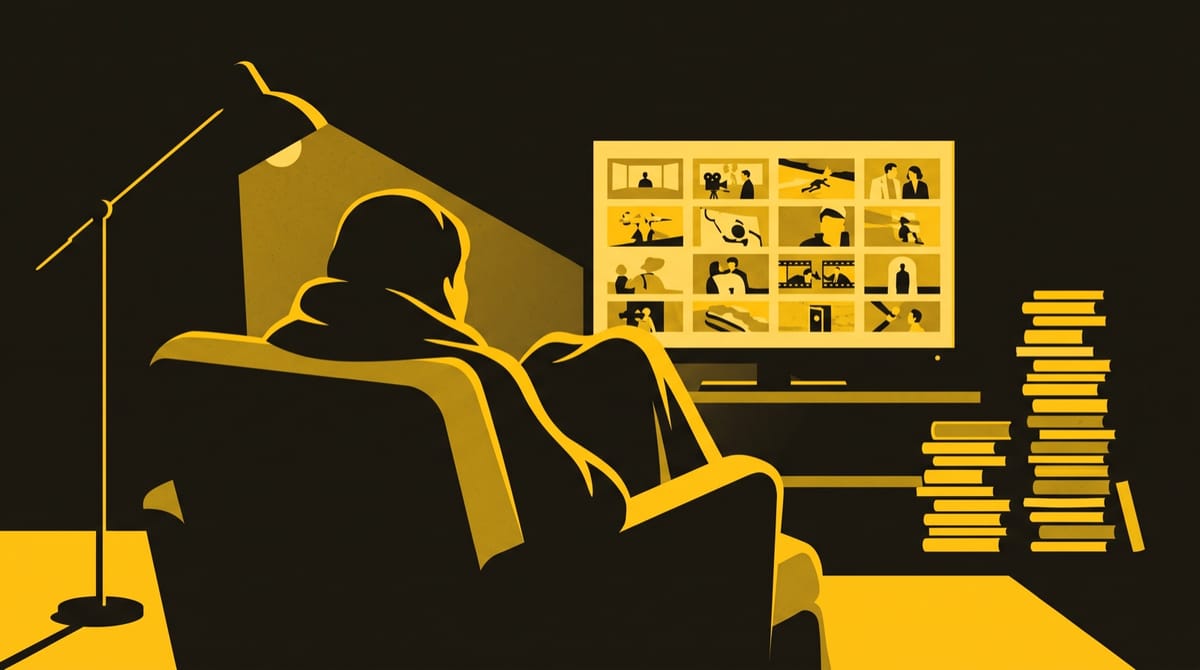 Over the shoulder of a viewer curled up in a deep armchair under a blanket, a television across a quiet room shows a neat grid of small film stills.