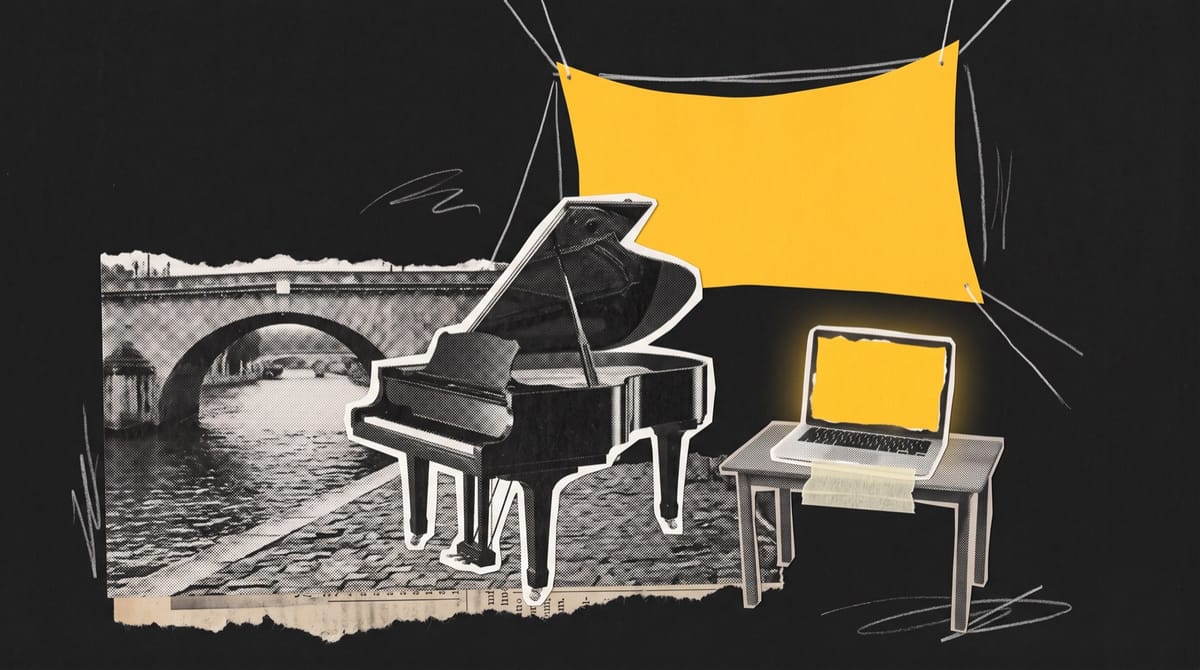 A black-and-white cutout of a grand piano with its lid raised, standing on a torn strip of a riverside embankment with a stone bridge behind.