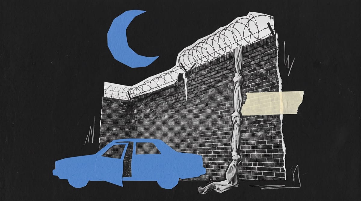 Paper collage of a tall brick prison wall with knotted bedsheets hanging down it, a blue paper getaway car waiting with its door open, and a blue moon above.