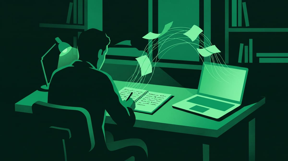 A writer at a desk late at night, seen from behind, with a notebook of handwritten pages open beside a laptop.