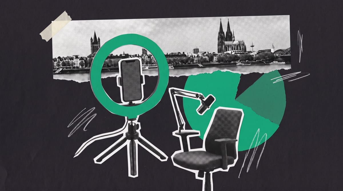Paper collage of a phone on a tripod before a green ring light, facing an empty chair and boom microphone, with a torn Cologne skyline strip and a green pie-chart circle behind.