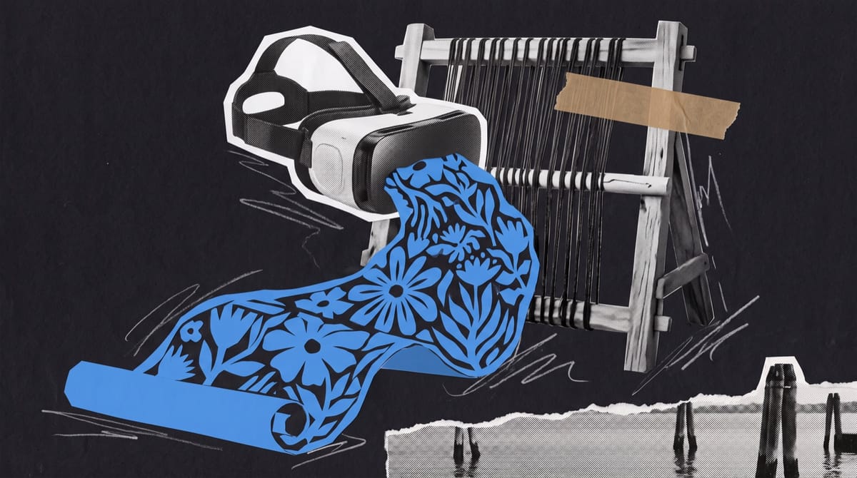 A black-and-white cutout of a modern VR headset resting on the frame of a wooden upright loom, long warp threads running down behind it.