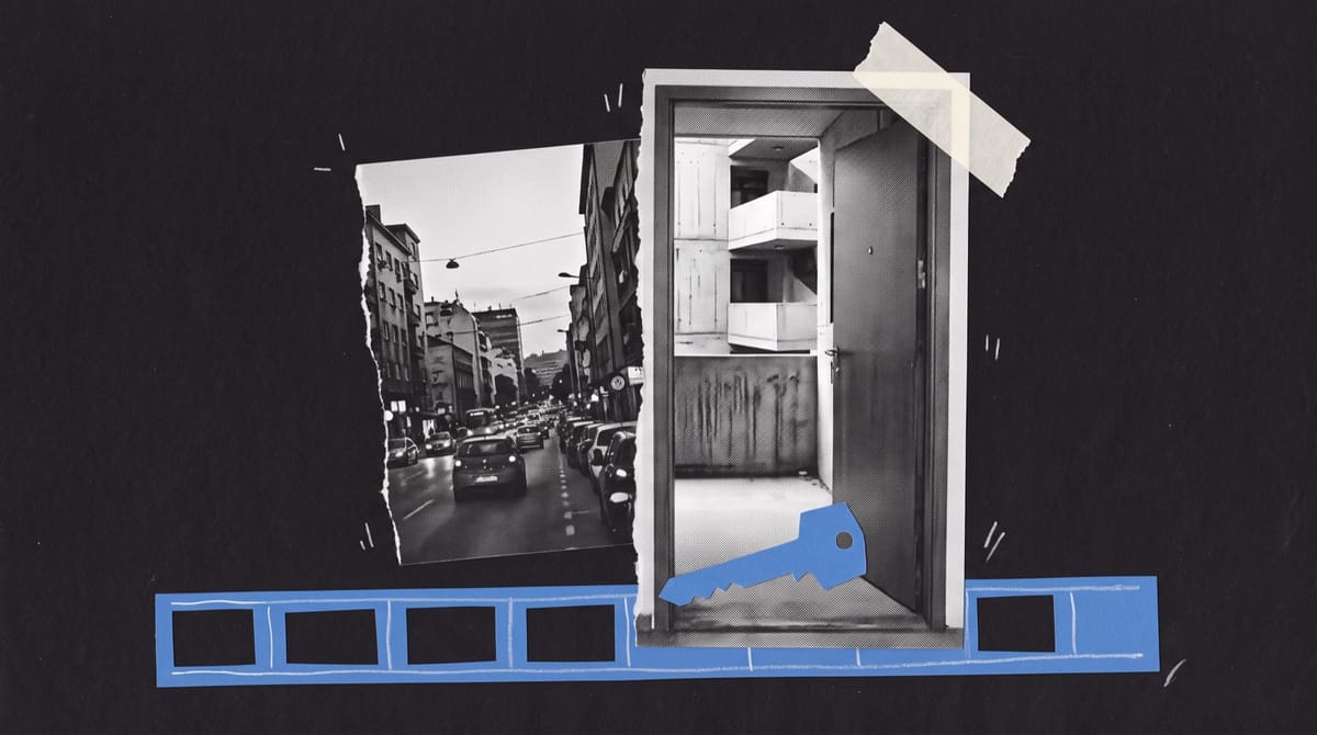 Collage of an apartment door ajar in a concrete housing block, a busy city street at dusk behind it, with a blue paper key and an unfinished blue editing timeline.