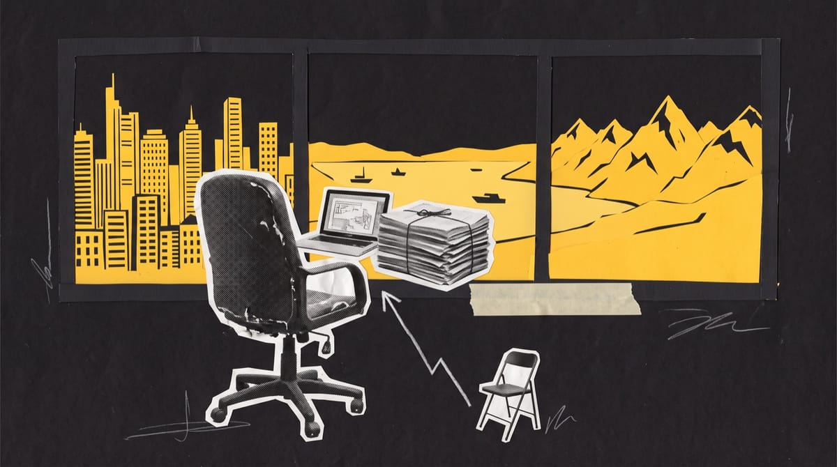 A black-and-white cutout of an office desk chair turned toward a large window, with a stack of bound screenplays and an open laptop on the desk.