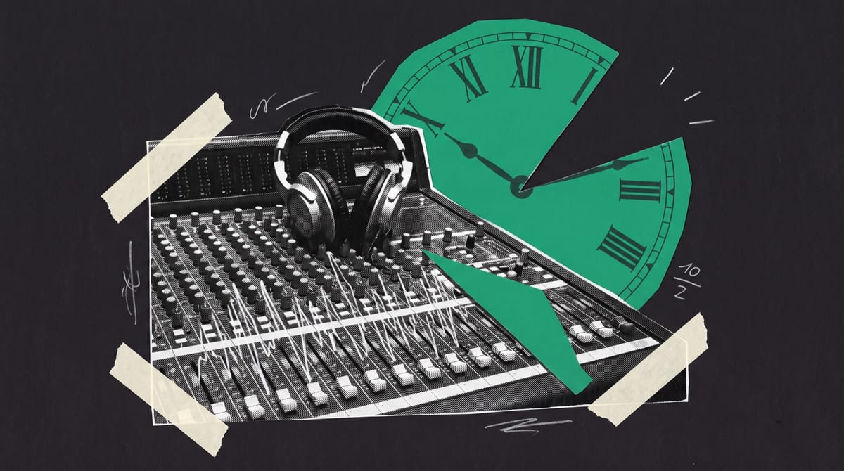 A black-and-white cutout of a sound mixing desk with rows of faders and a pair of studio headphones draped over it.
