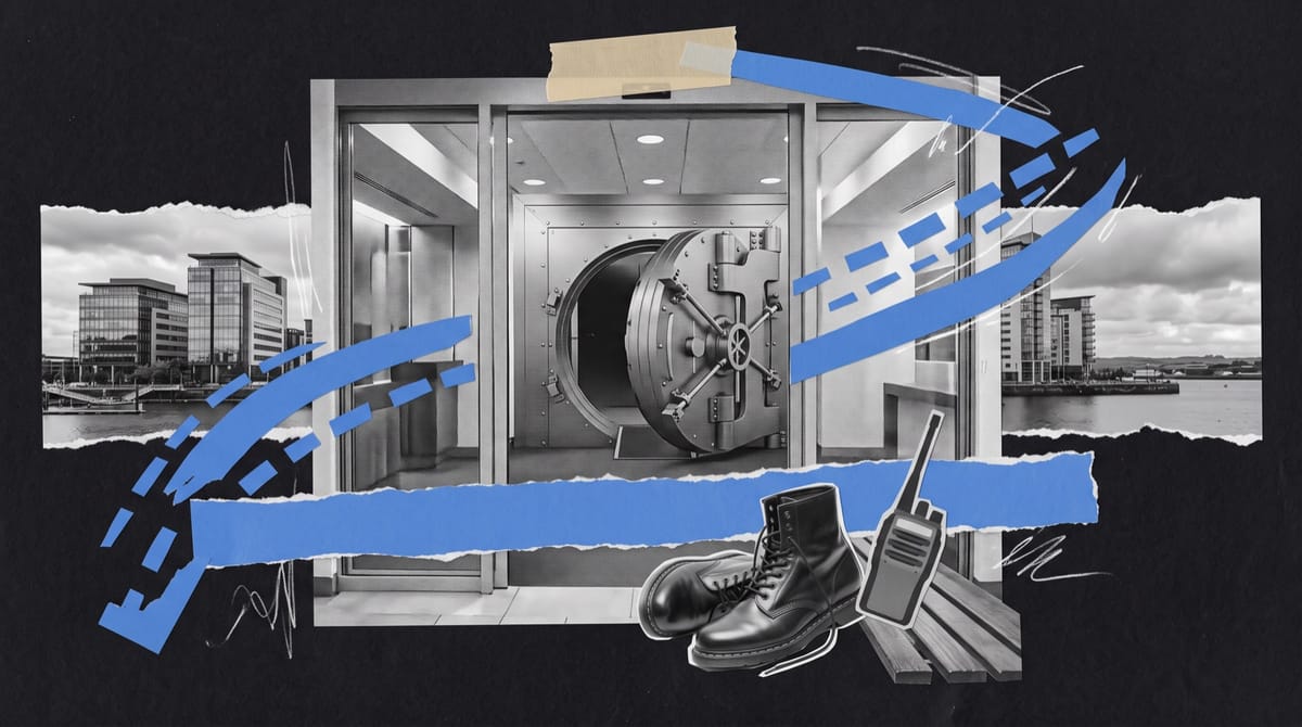 Collage of a bank lobby with a half-open vault door, new work boots and a radio on a bench, a waterfront behind, crossed by blue beams and cordon tape.