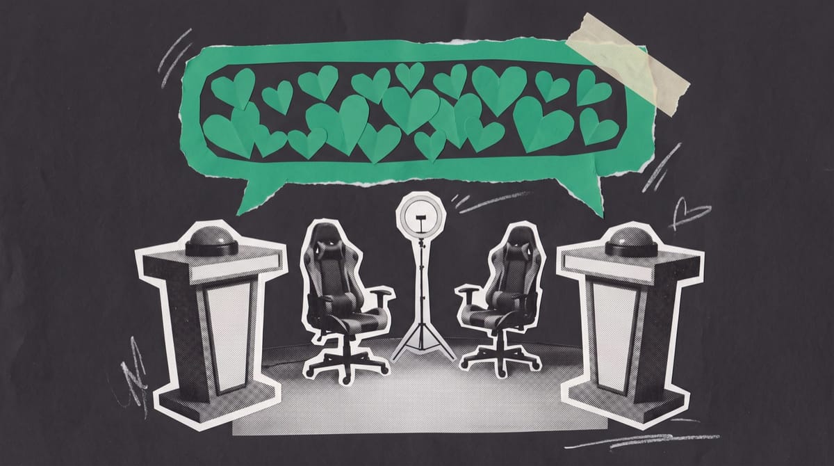 Paper collage of two game-show podiums with buzzers facing each other across a studio floor, gaming chairs and a ring light between them, under a green chat bubble full of hearts.
