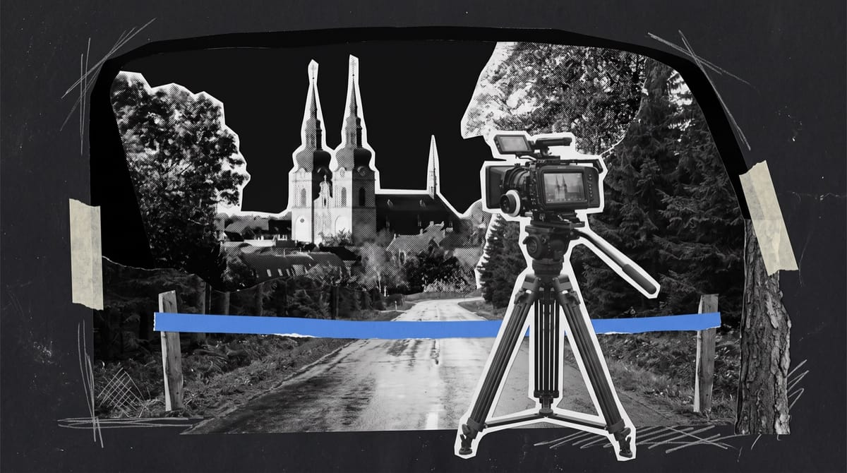 The reference photograph, cut out in black and white, framed like a view through a car windscreen.