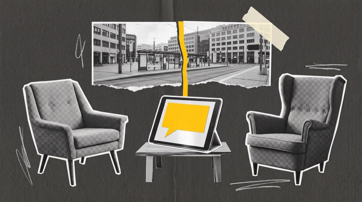 Paper collage of two different armchairs facing each other beside a tablet showing a yellow speech bubble, in front of an empty city square split by a yellow line.