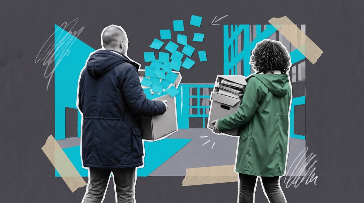 Paper collage of two people seen from behind carrying cardboard boxes of notebooks across a modern courtyard, with cyan sticky notes spilling from the top box.