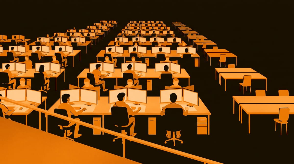 A vast open-plan game studio at night, seen from a mezzanine, with long rows of desks stretching into the distance.