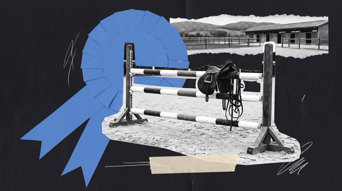 Collage of an empty show-jumping fence with a saddle and bridle on the top rail, a large blue paper rosette behind it, and a torn strip showing a stable block and hills.