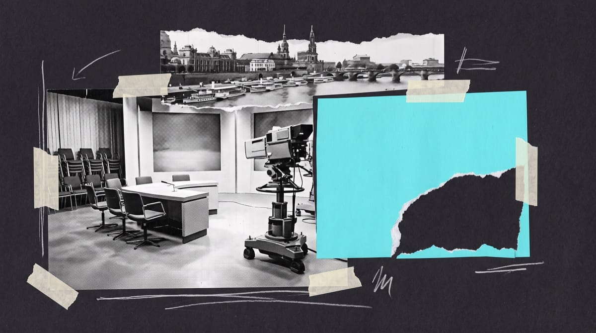 Collage of an emptied television studio with stacked chairs and a camera turned from a vacant desk, over a torn city riverfront strip and a torn cyan paper light.