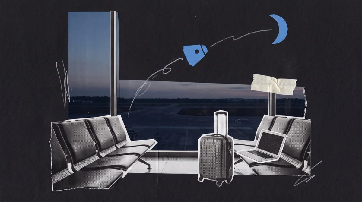 Collage of an empty airport lounge at dusk with a suitcase and open laptop on a seat, while a blue paper space capsule rises over the runway toward a crescent moon.