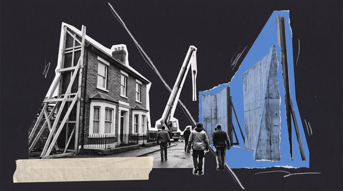 A black-and-white cutout of an open film studio backlot with a white pencil line splitting it in two.