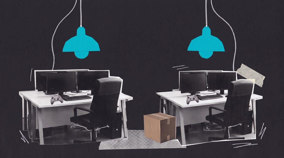 Two black-and-white cutouts of game studio desks side by side, chairs pushed in, monitors dark, a generic, unbranded gamepad of no recognisable make left on each keyboard.