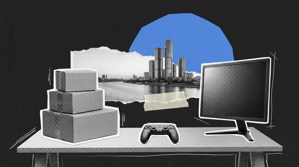 A black-and-white cutout of a stack of sealed shipping boxes beside a generic, unbranded gamepad of no recognisable make and a gaming monitor on a desk.