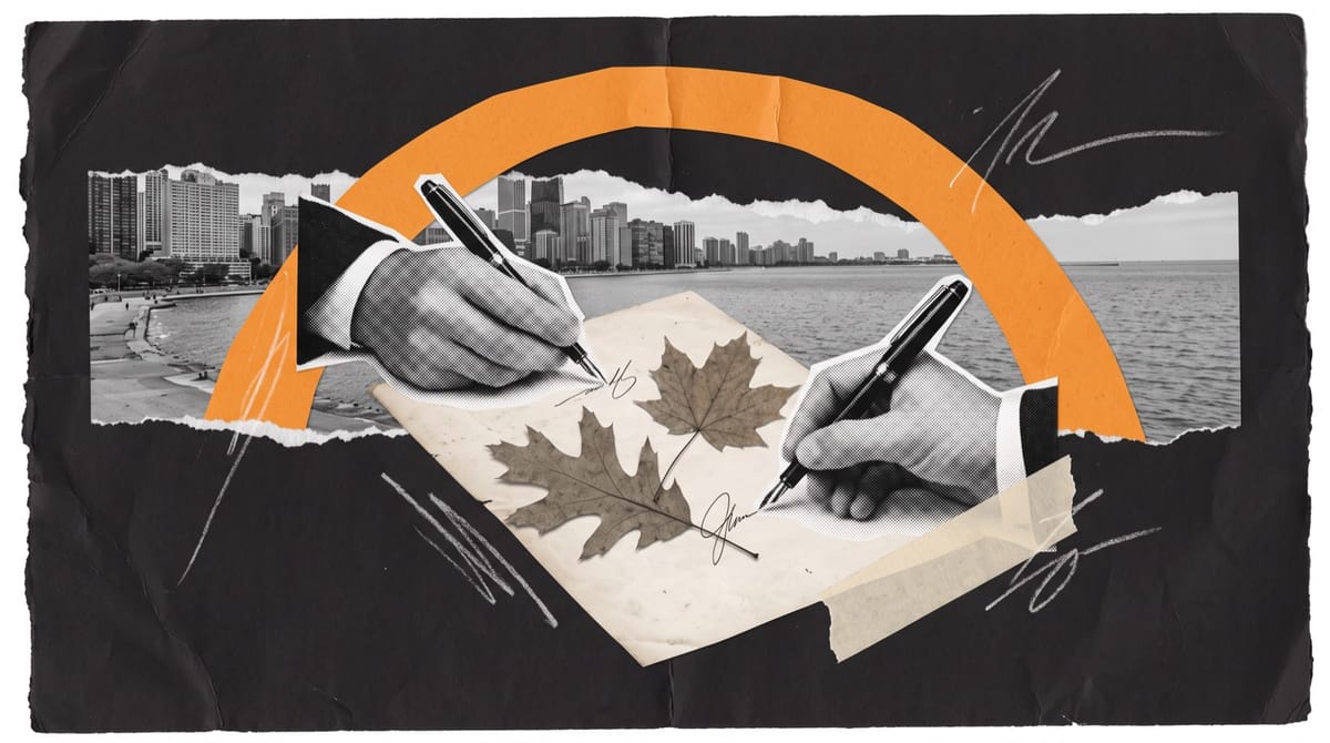 A black-and-white cutout of two hands, cropped at the wrists, signing the same document from opposite sides with two fountain pens, a real oak leaf and a real maple leaf lying crossed on the 