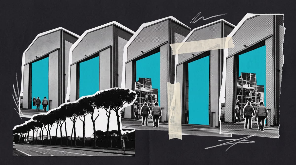 Five black-and-white cutouts of tall new soundstage buildings in a row, their hangar doors wide open, each doorway filled with a hand-cut cyan paper rectangle of light and busy with scaffoldi