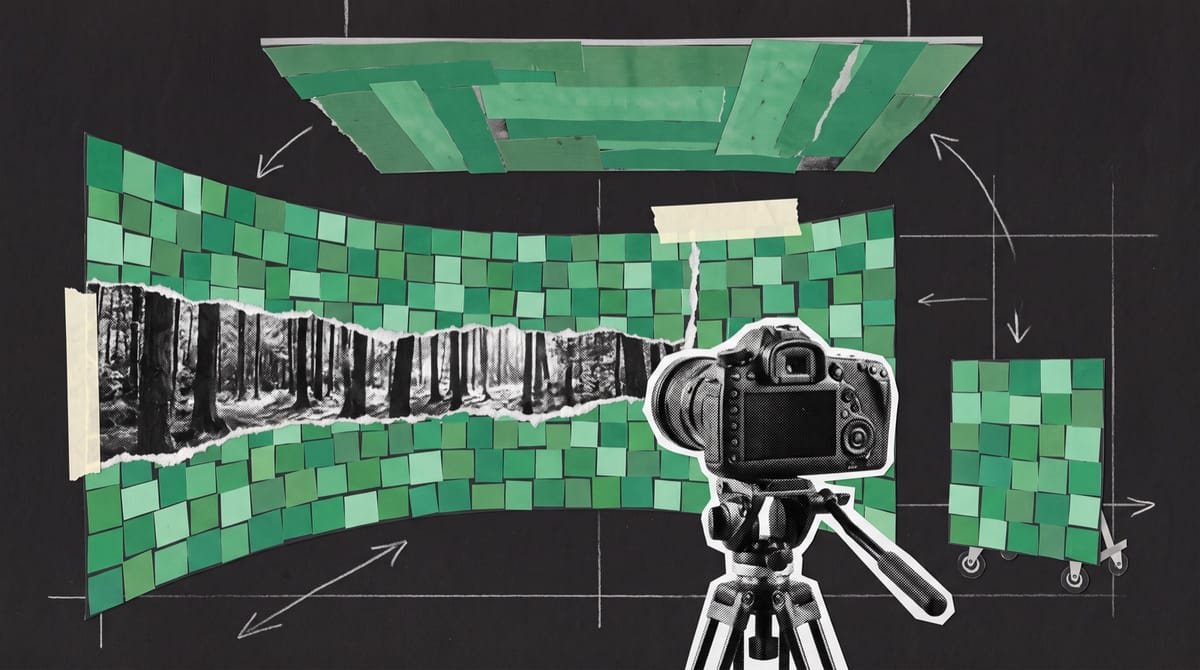 Paper collage of a cinema camera on a tripod facing a curved green tiled wall showing a torn forest photograph, with a small wheeled panel and a hanging ceiling panel.