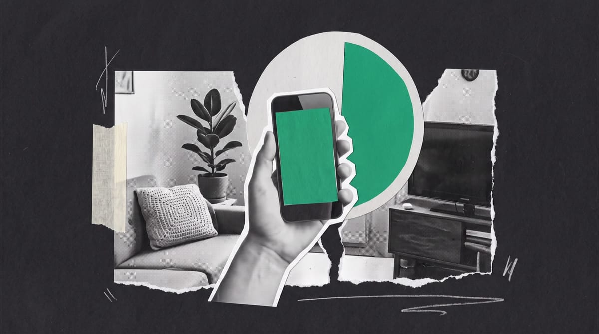 A black-and-white cutout of a hand holding a phone, its screen a hand-cut green paper shape, pasted over a torn photographic fragment of a cosy German living room with a sofa, a crocheted cus