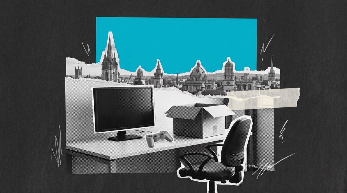 Collage of an emptied studio desk with a dark monitor, a gamepad beside a half-packed box and a pushed-back chair, before a skyline of old stone spires and cyan window light.