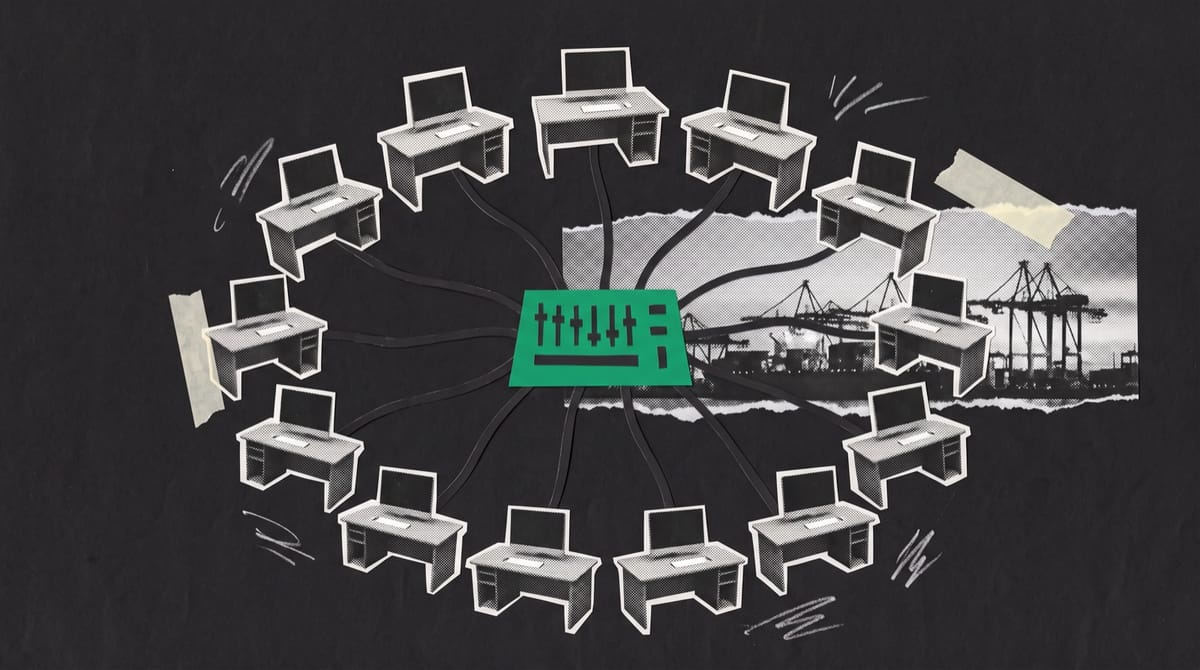 Paper collage of twelve small editing desks in a ring, cabled to a green switchboard at the centre, with harbour container cranes at dusk behind them.