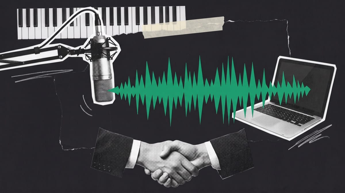 A black-and-white cutout of a studio condenser microphone on a boom arm above a strip of piano keys.