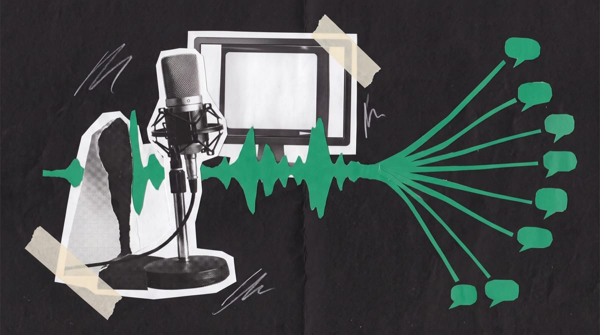 Collage of a studio microphone beside a blank monitor in a dubbing booth, with a green paper sound wave splitting into strips that end in small speech bubbles.