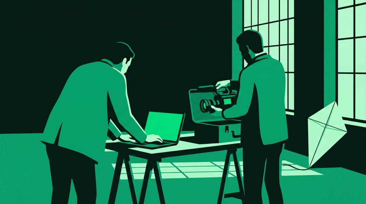 Two figures in plain jackets, seen from behind, unpack a laptop and a digital cinema camera in an empty new studio with a bare concrete floor and tall factory windows.