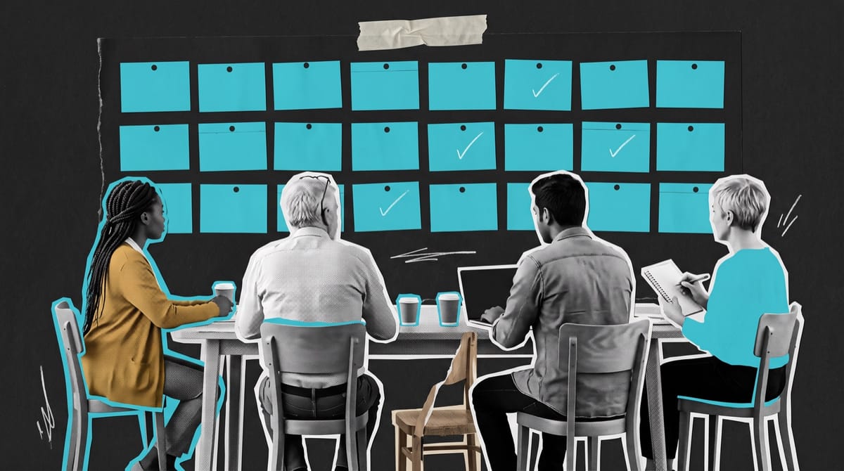 Black-and-white cutouts of four screenwriters seated around a long meeting table, each figure whole from head to chair, seen from behind so no face shows: a young Black woman with braids in a