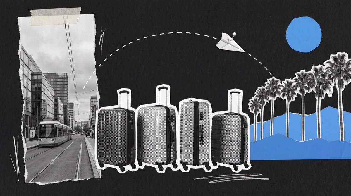 Four black-and-white cutouts of hard-shell travel cases standing in a row.