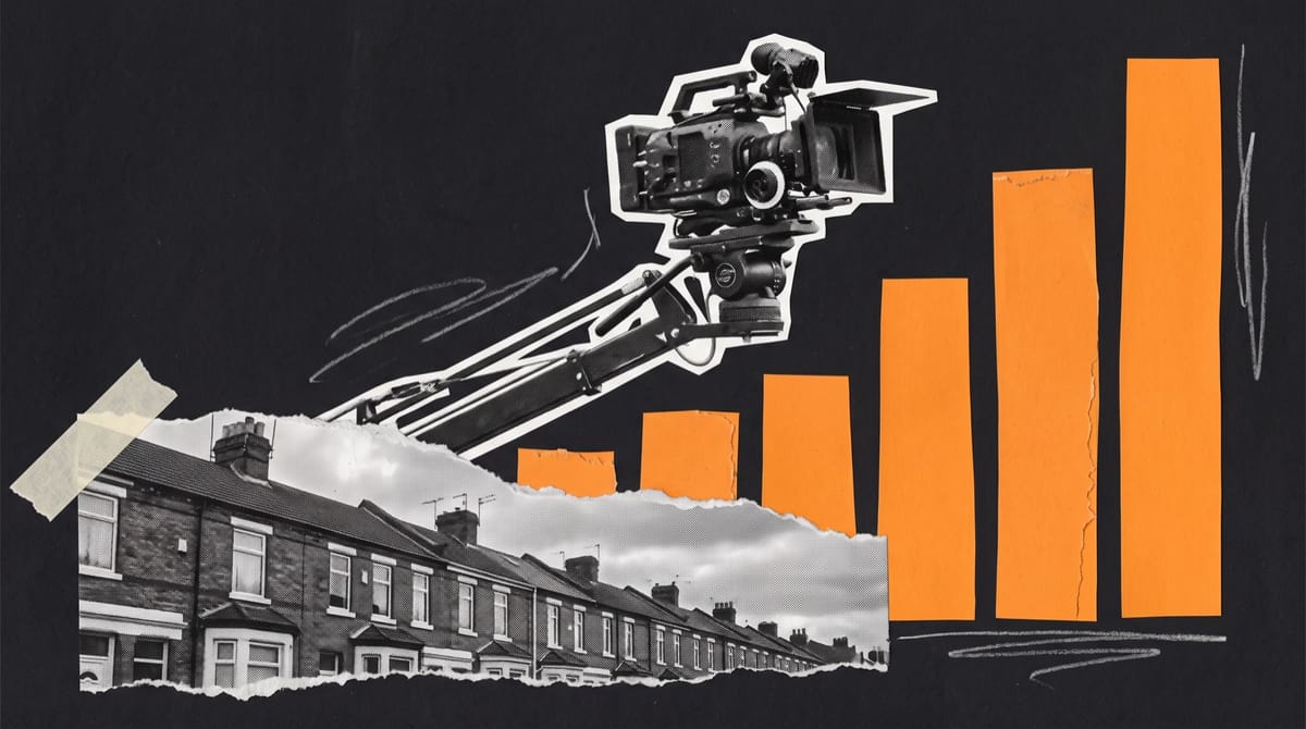 A black-and-white cutout of a digital cinema camera on a crane arm, rising over a torn strip of a British street of brick terraced houses under a grey sky.