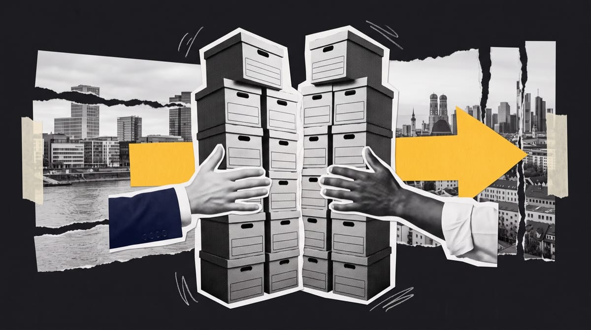 Collage of two hands pushing stacks of archive boxes into one pile, with torn strips of a Cologne riverfront and a Munich skyline joined by a yellow paper arrow.