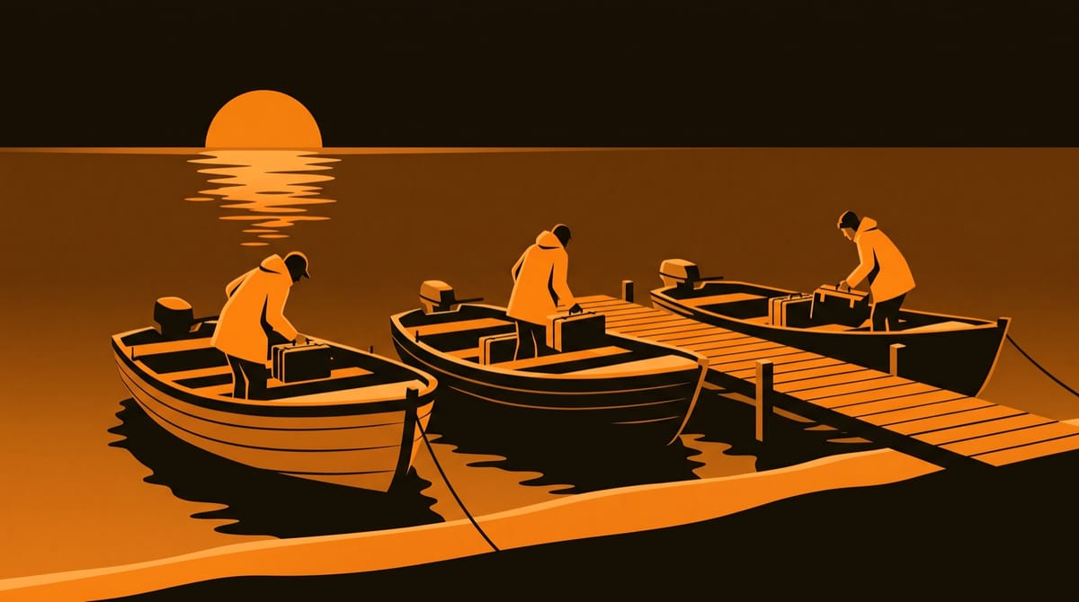 Three small boats moored side by side at a wooden jetty at dawn, seen from the shore.