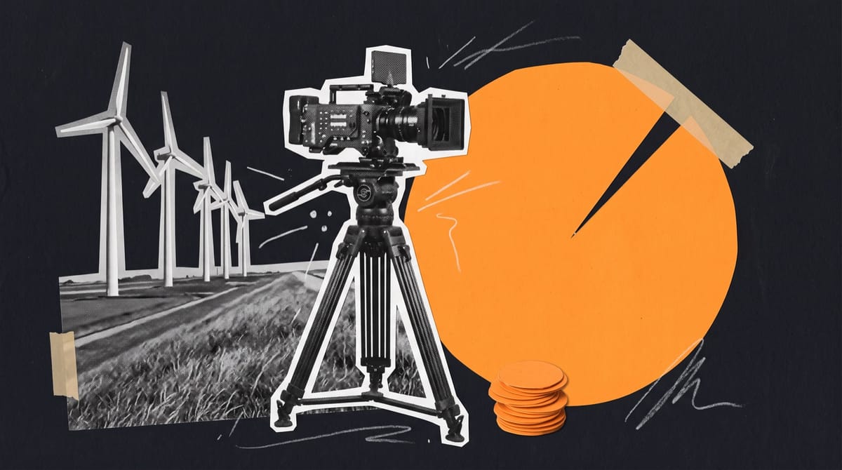 Paper collage of a cinema camera on a tripod atop a grassy dyke with wind turbines behind, beside an orange paper pie chart and a stack of orange coins.