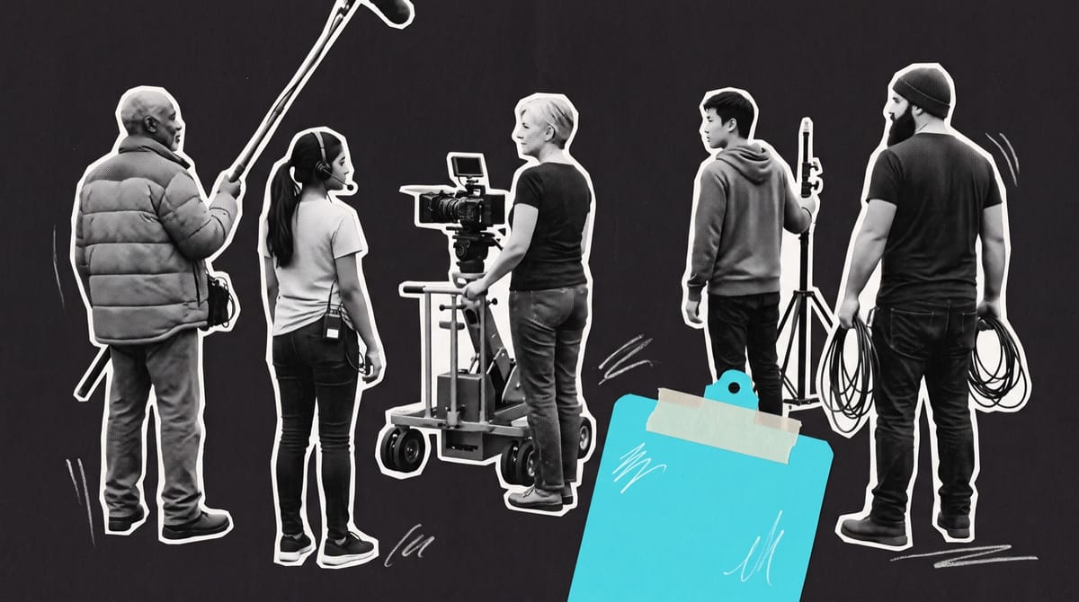 Collage of five film crew members seen from behind with a boom pole, headset, camera dolly, light stand and cable, beside a cyan paper clipboard on a dark ground.