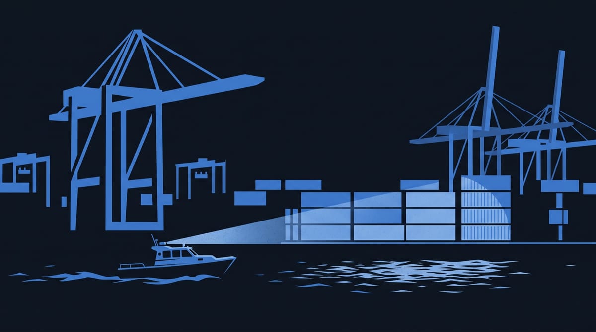A container port at night seen from the water, tall gantry cranes standing against the sky.