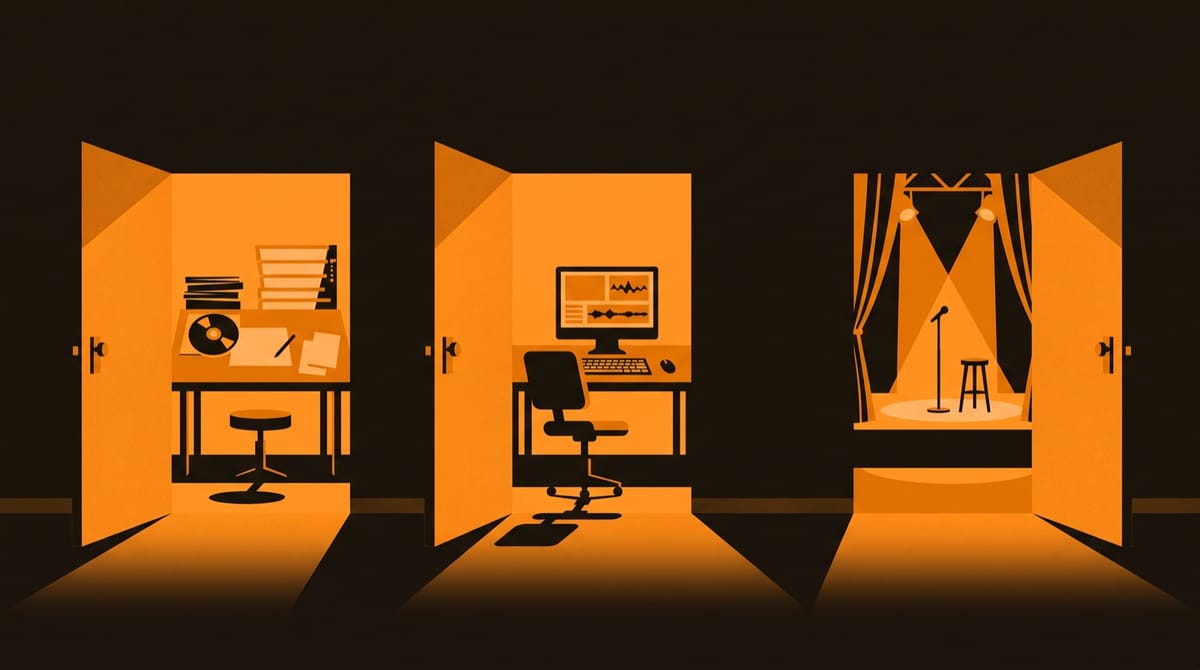 Three open doors in a long wall, seen head-on from a dim corridor, each giving onto a different small workspace: an animator's drawing desk, a documentary editor's desk with a single screen, 